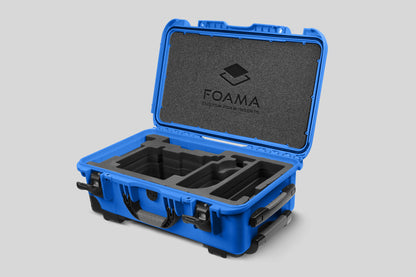 Angled view of Blue Color ARRI Alexa 35 Carry-On Case with Black Layer Custom Foam Insert