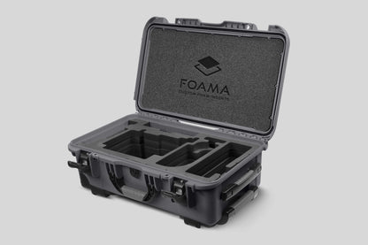 Angled view of Graphite Color ARRI Alexa 35 Carry-On Case with Black Layer Custom Foam Insert