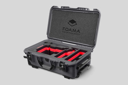 Angled view of Graphite Color ARRI Alexa 35 Carry-On Case with Red Layer Custom Foam Insert