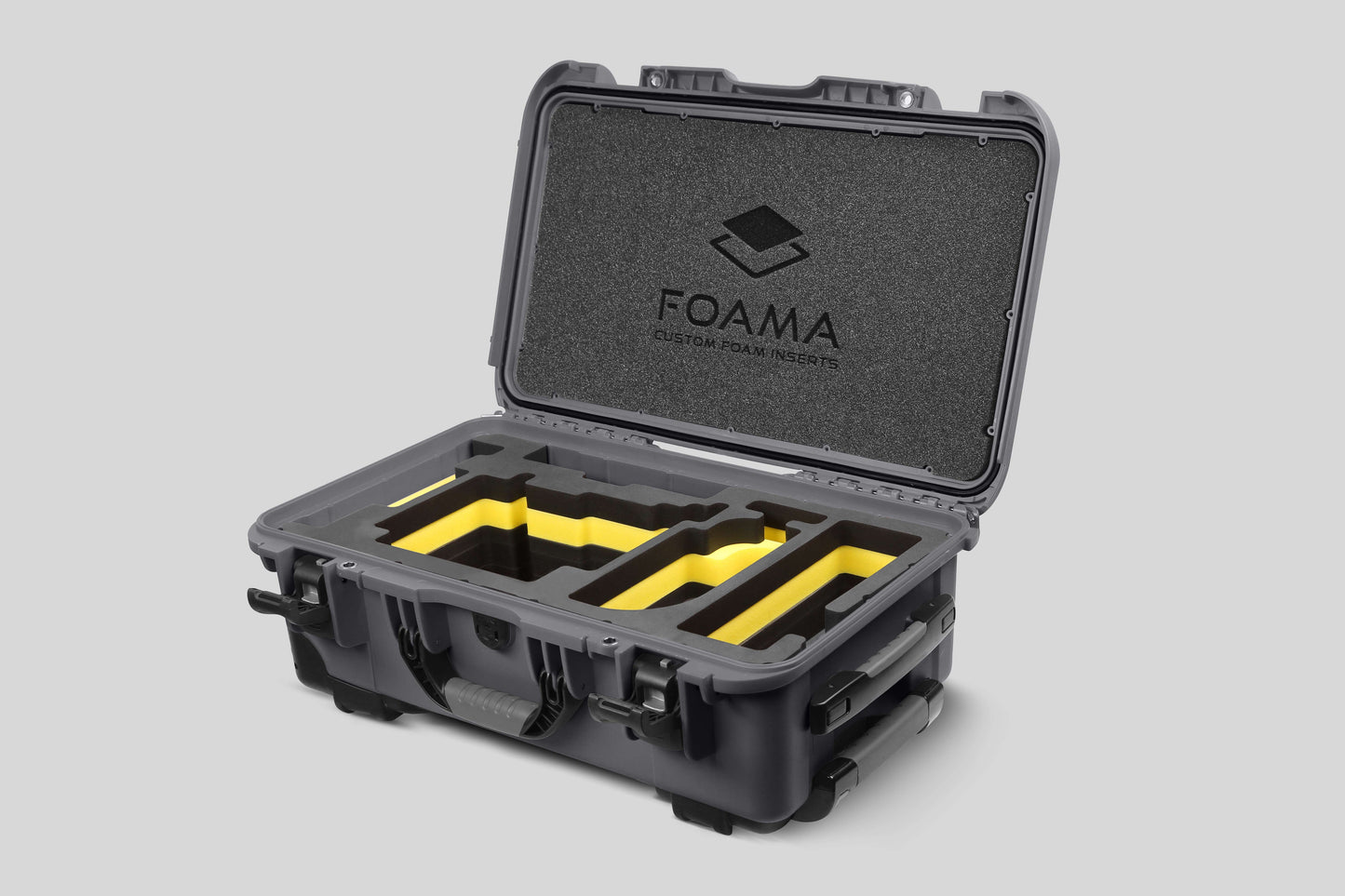 Angled view of Graphite Color ARRI Alexa 35 Carry-On Case with Yellow Layer Custom Foam Insert