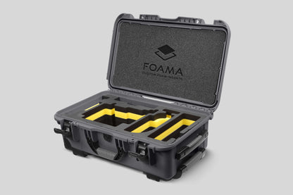 Angled view of Graphite Color ARRI Alexa 35 Carry-On Case with Yellow Layer Custom Foam Insert