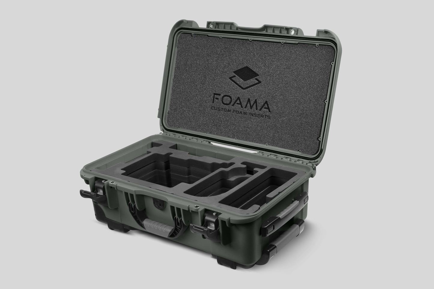 Angled view of Olive Color ARRI Alexa 35 Carry-On Case with Black Layer Custom Foam Insert