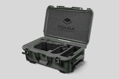 Angled view of Olive Color ARRI Alexa 35 Carry-On Case with Black Layer Custom Foam Insert