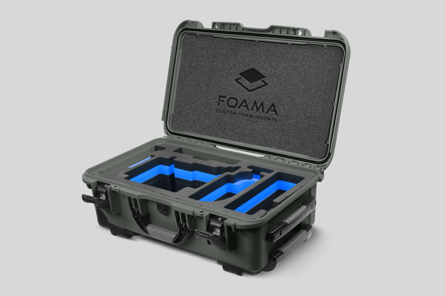 Angled view of Olive Color ARRI Alexa 35 Carry-On Case with Blue Layer Custom Foam Insert