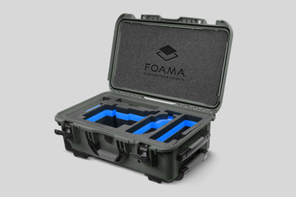 Angled view of Olive Color ARRI Alexa 35 Carry-On Case with Blue Layer Custom Foam Insert