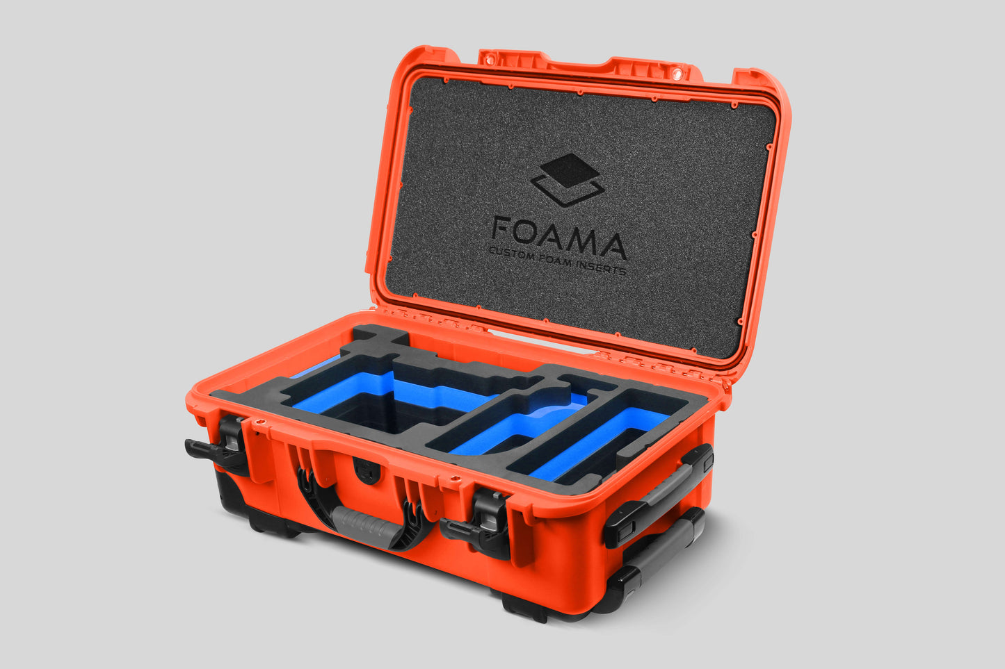 Angled view of Orange Color ARRI Alexa 35 Carry-On Case with Blue Layer Custom Foam Insert
