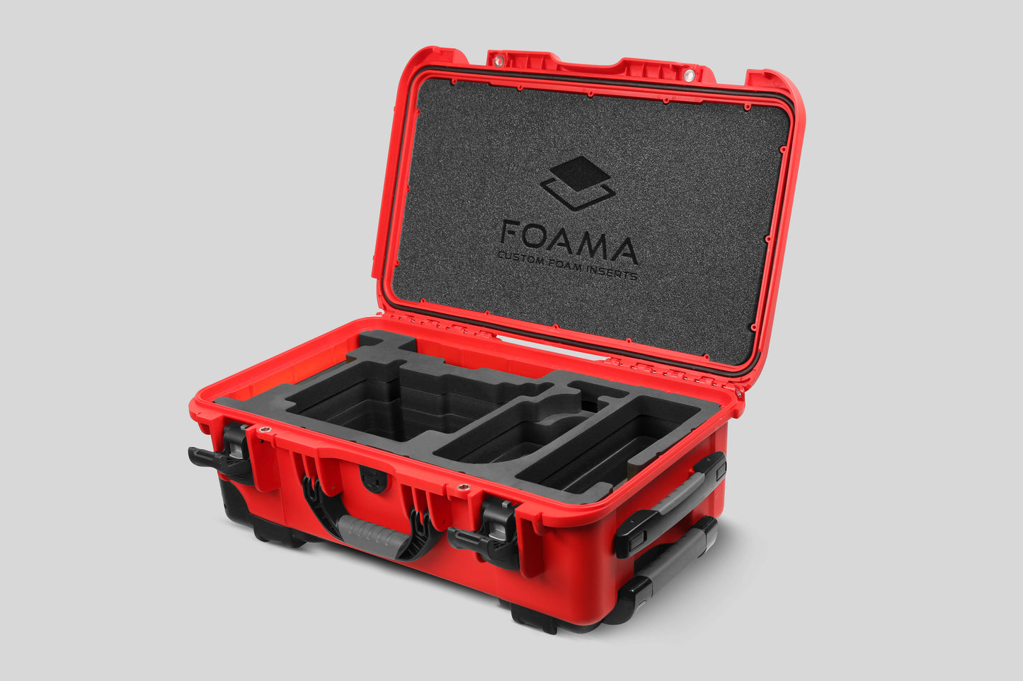 Angled view of Red Color ARRI Alexa 35 Carry-On Case with Black Layer Custom Foam Insert