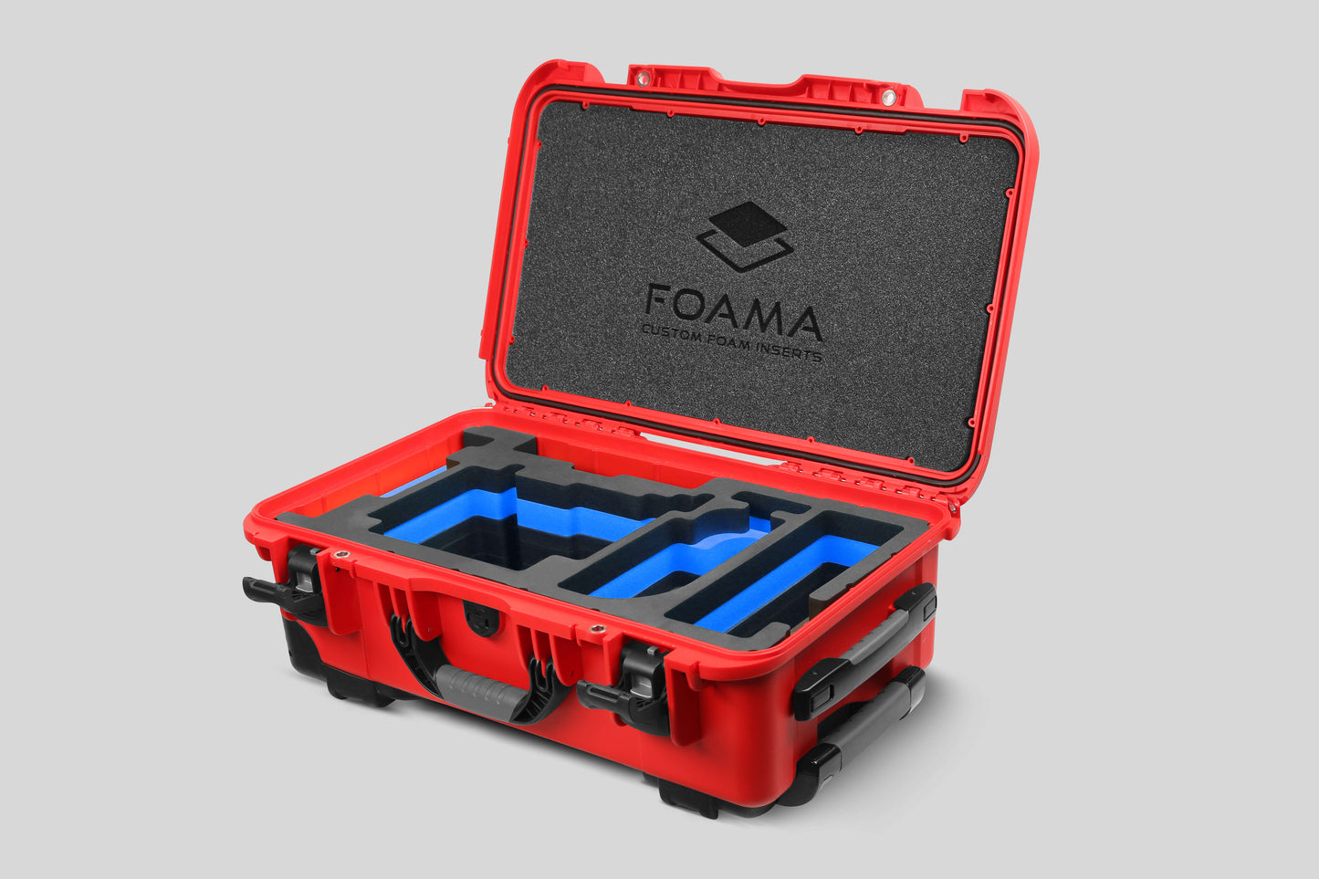 Angled view of Red Color ARRI Alexa 35 Carry-On Case with Blue Layer Custom Foam Insert