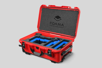 Angled view of Red Color ARRI Alexa 35 Carry-On Case with Blue Layer Custom Foam Insert