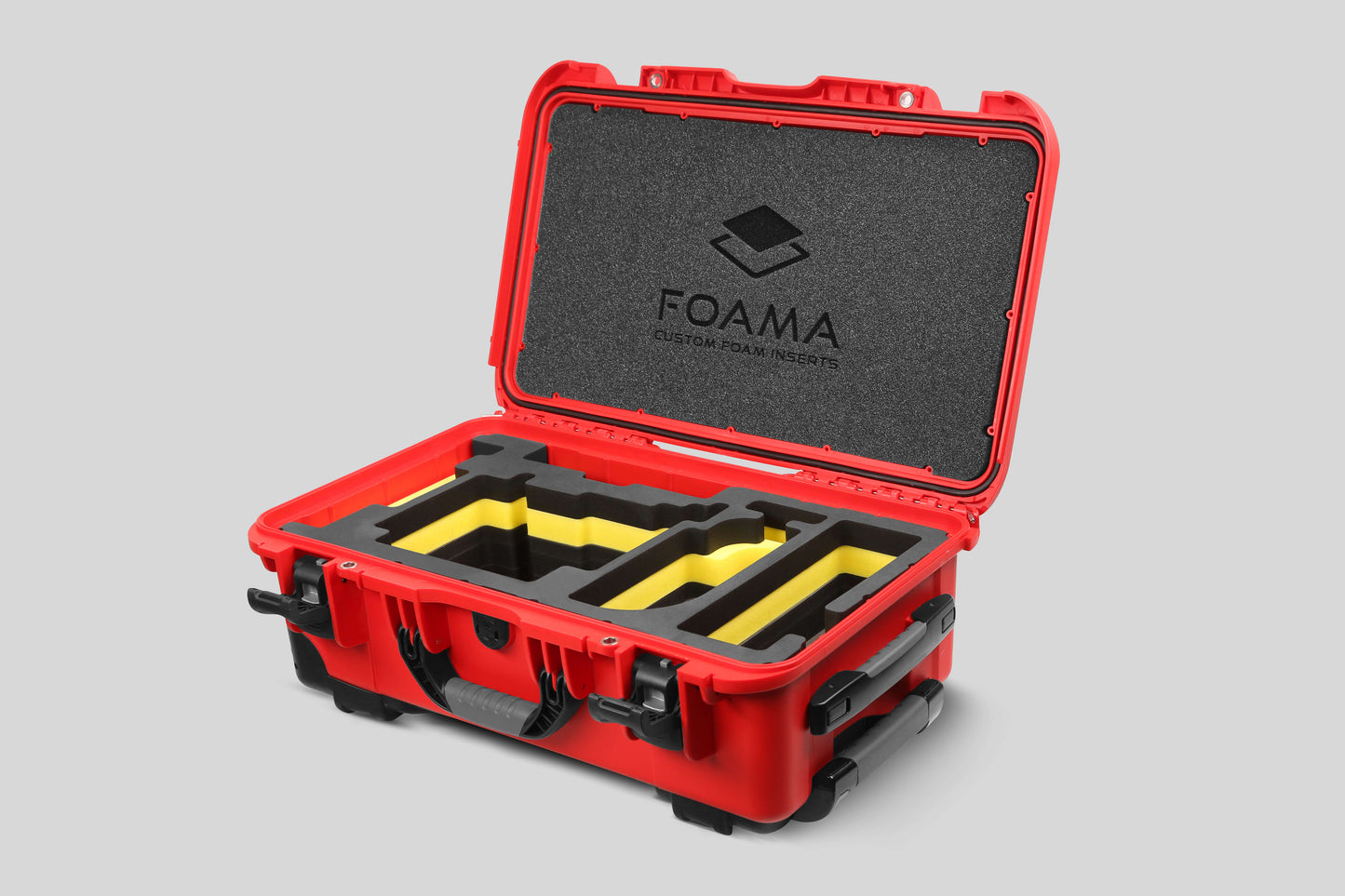 Angled view of Red Color ARRI Alexa 35 Carry-On Case with Yellow Layer Custom Foam Insert