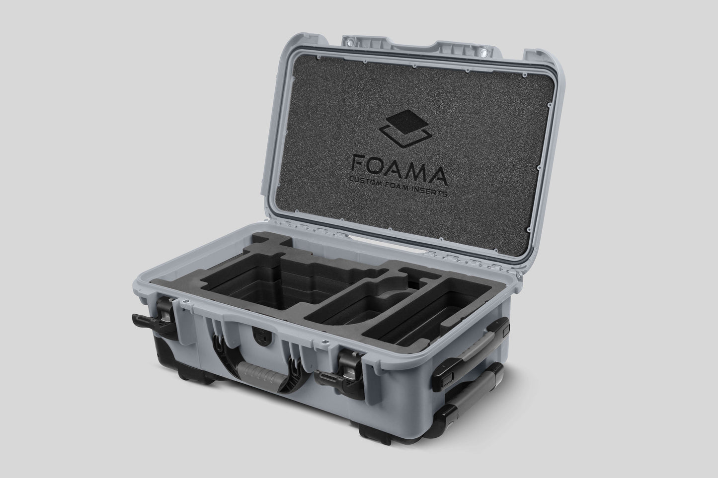 Angle view of Silver Color ARRI Alexa 35 Carry-On Case with Black Layer Custom Foam Insert