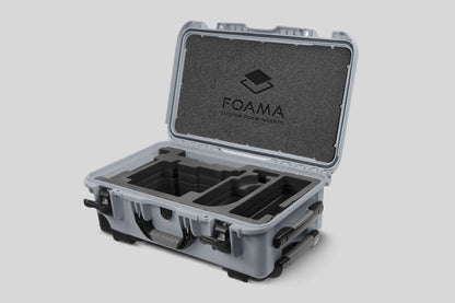 Angle view of Silver Color ARRI Alexa 35 Carry-On Case with Black Layer Custom Foam Insert