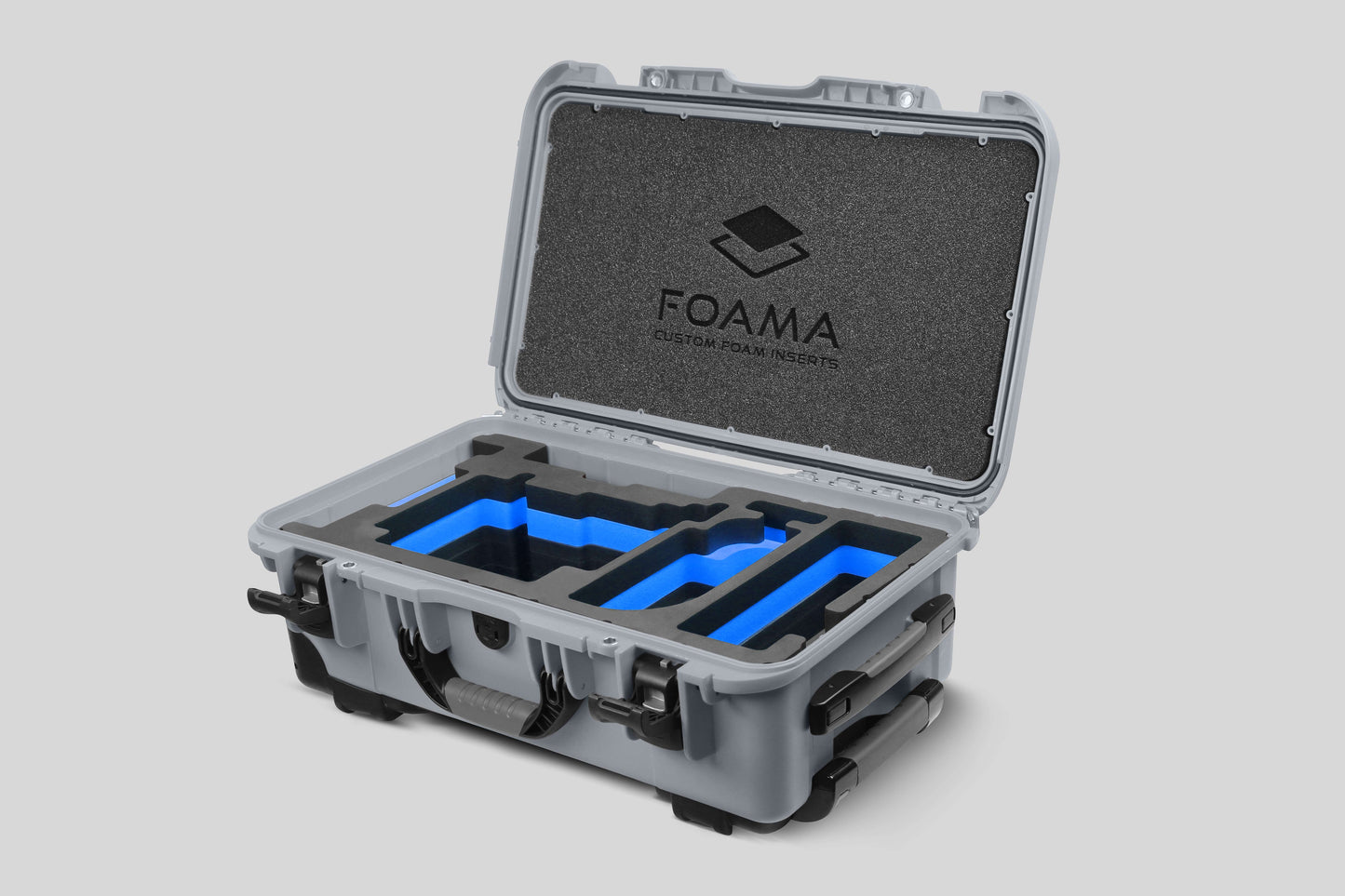 Angle view of Silver Color ARRI Alexa 35 Carry-On Case with Blue Layer Custom Foam Insert