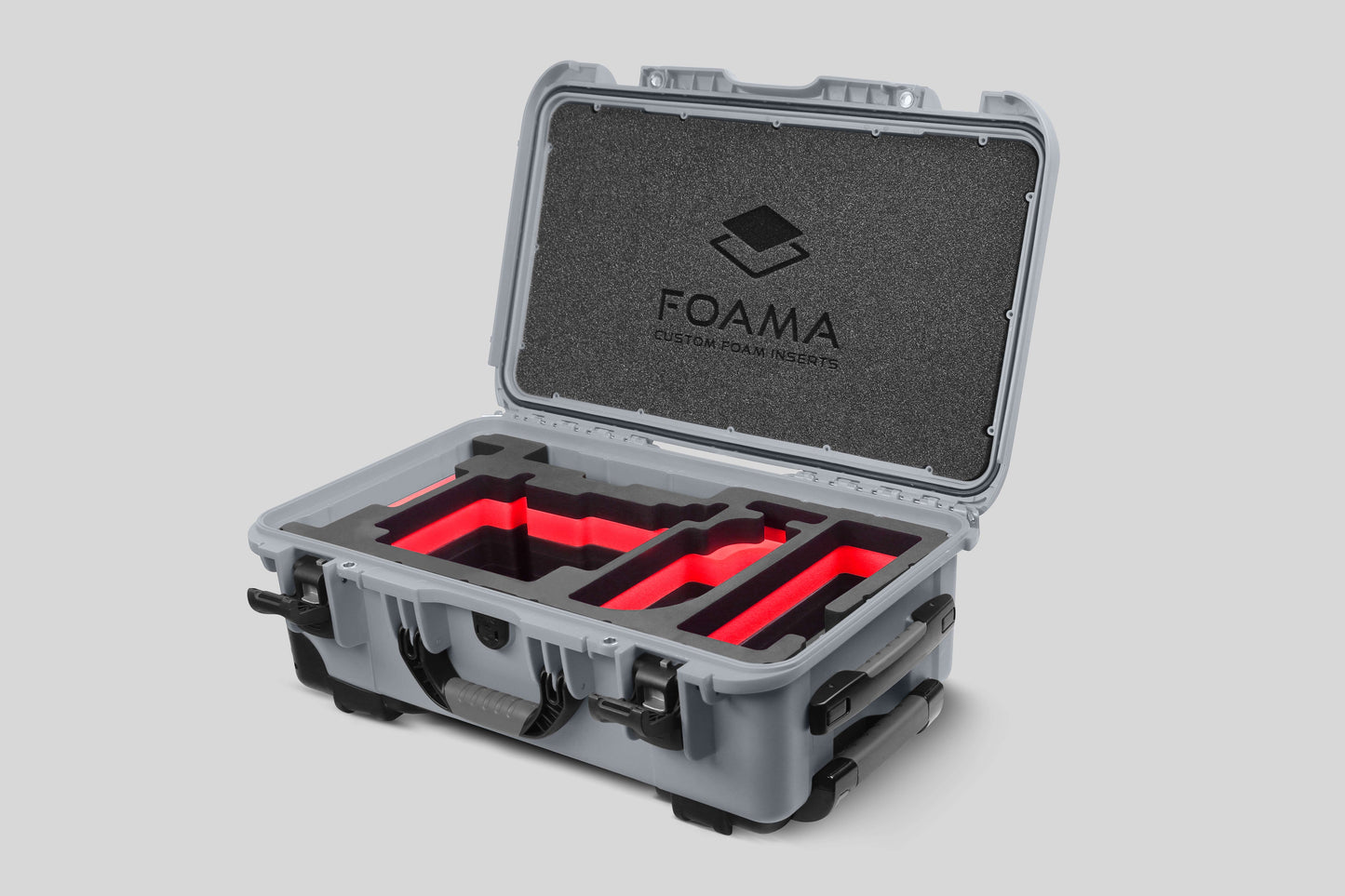 Angle view of Silver Color ARRI Alexa 35 Carry-On Case with Red Layer Custom Foam Insert