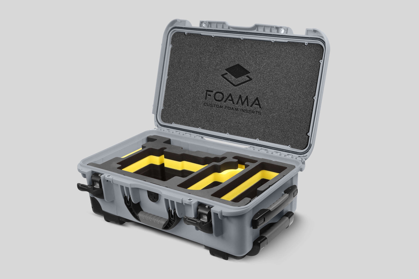 Angle view of Silver Color ARRI Alexa 35 Carry-On Case with Yellow Layer Custom Foam Insert