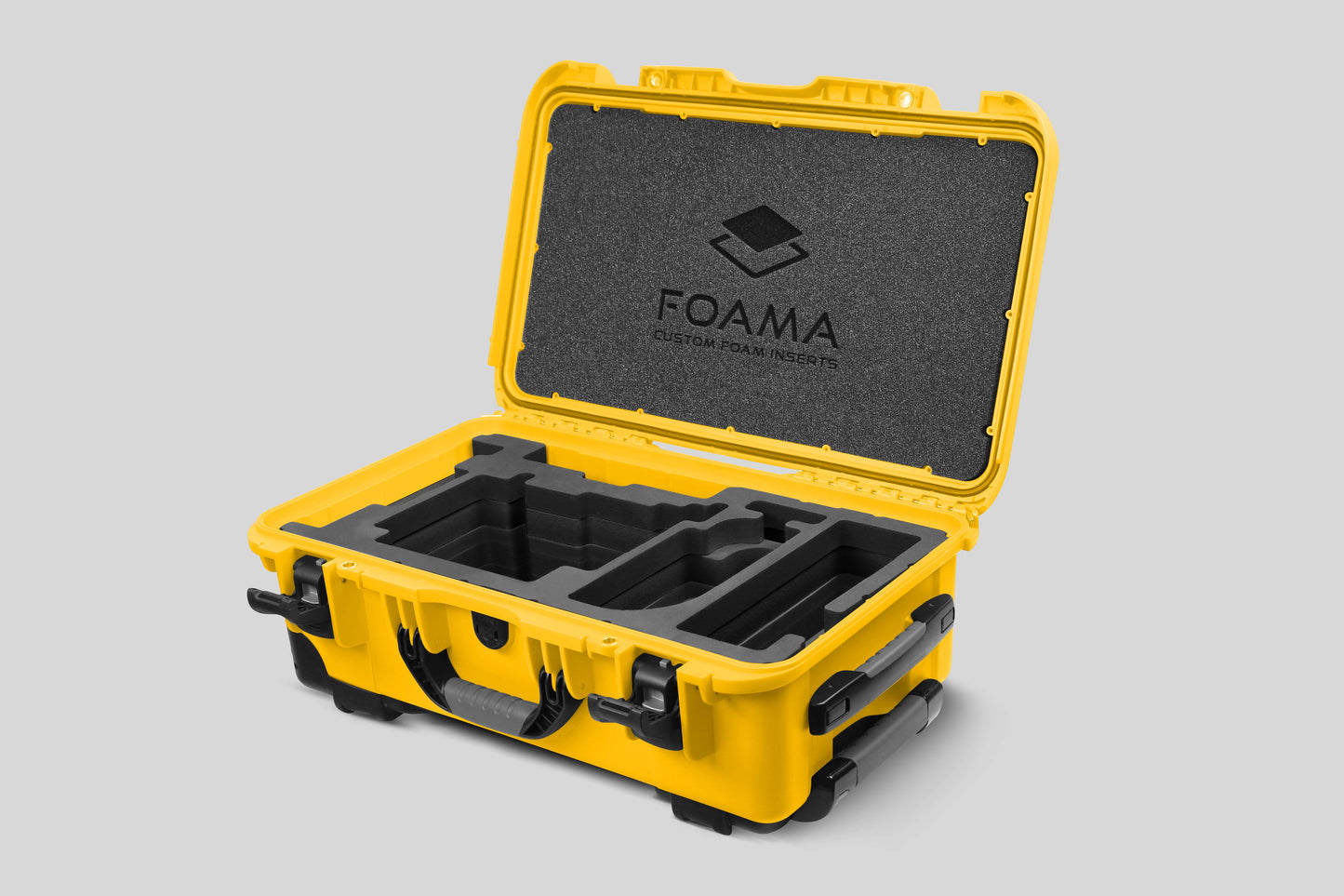 Angled view of Yellow Color ARRI Alexa 35 Carry-On Case with Black Layer Custom Foam Insert