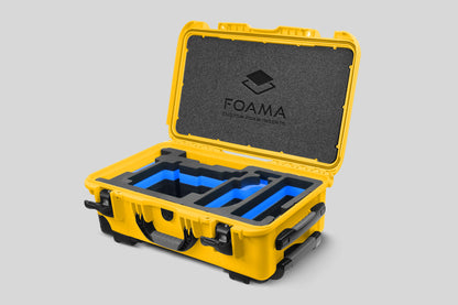 Angled view of Yellow Color ARRI Alexa 35 Carry-On Case with Blue Layer Custom Foam Insert