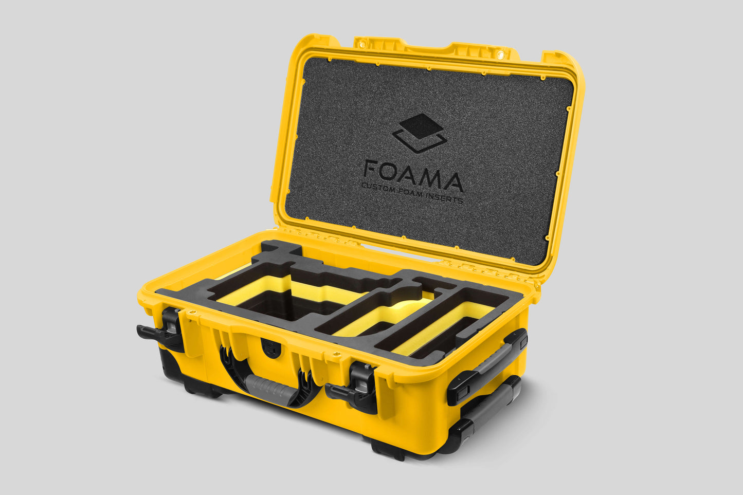 Angled view of Yellow Color ARRI Alexa 35 Carry-On Case with Yellow Layer Custom Foam Insert