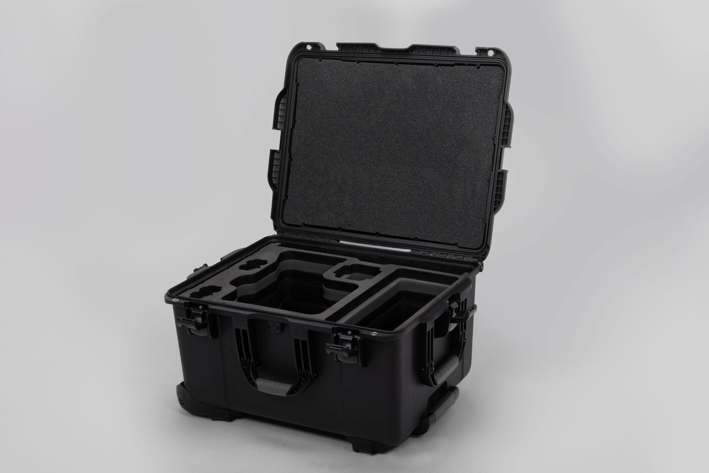Angled view of ARRI Alexa 35 Black Color Studio Case with Custom Foam Black Layered Insert