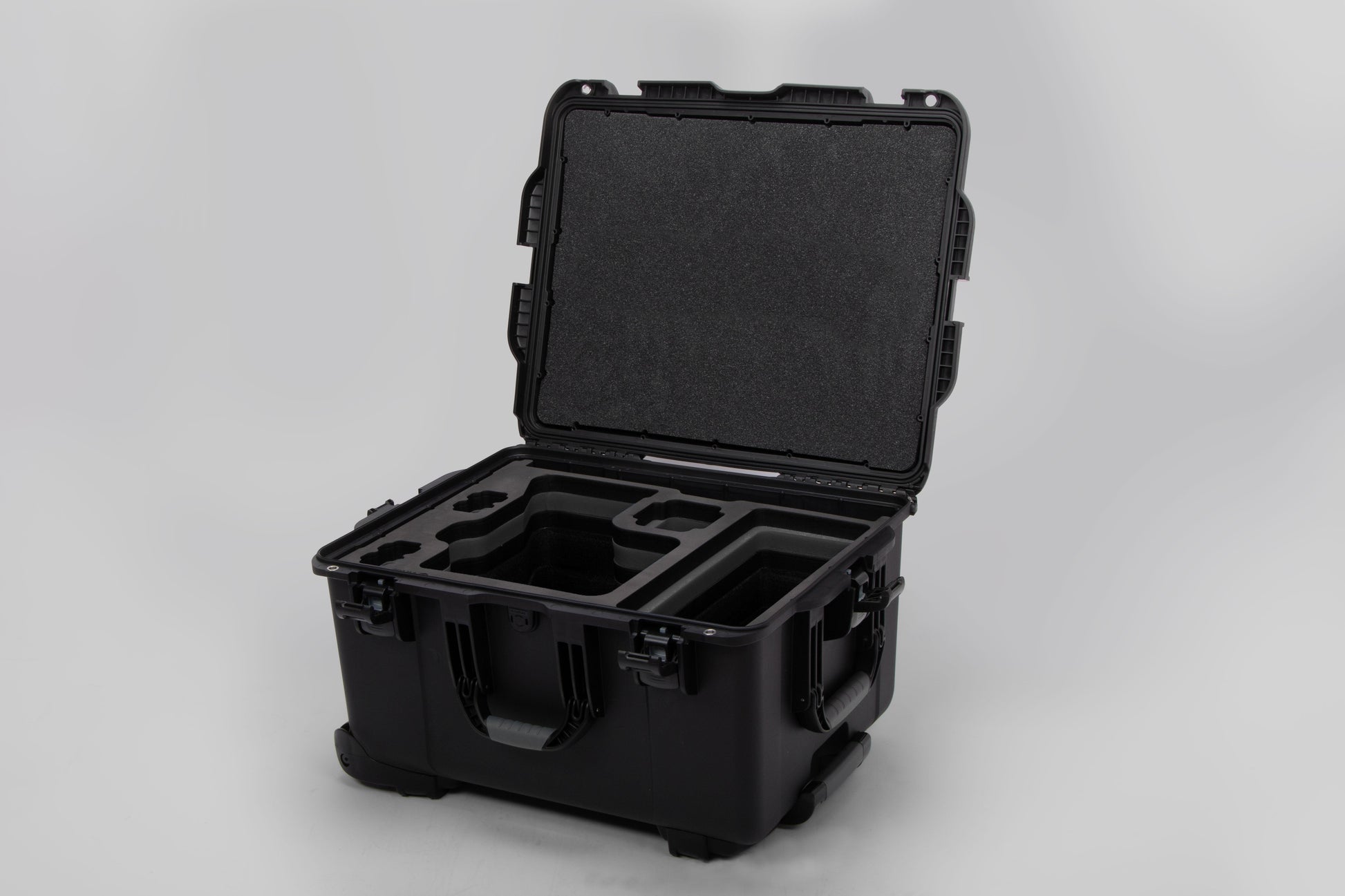 Angled view of ARRI Alexa 35 Black Color Studio Case with Custom Foam Black Layered Insert