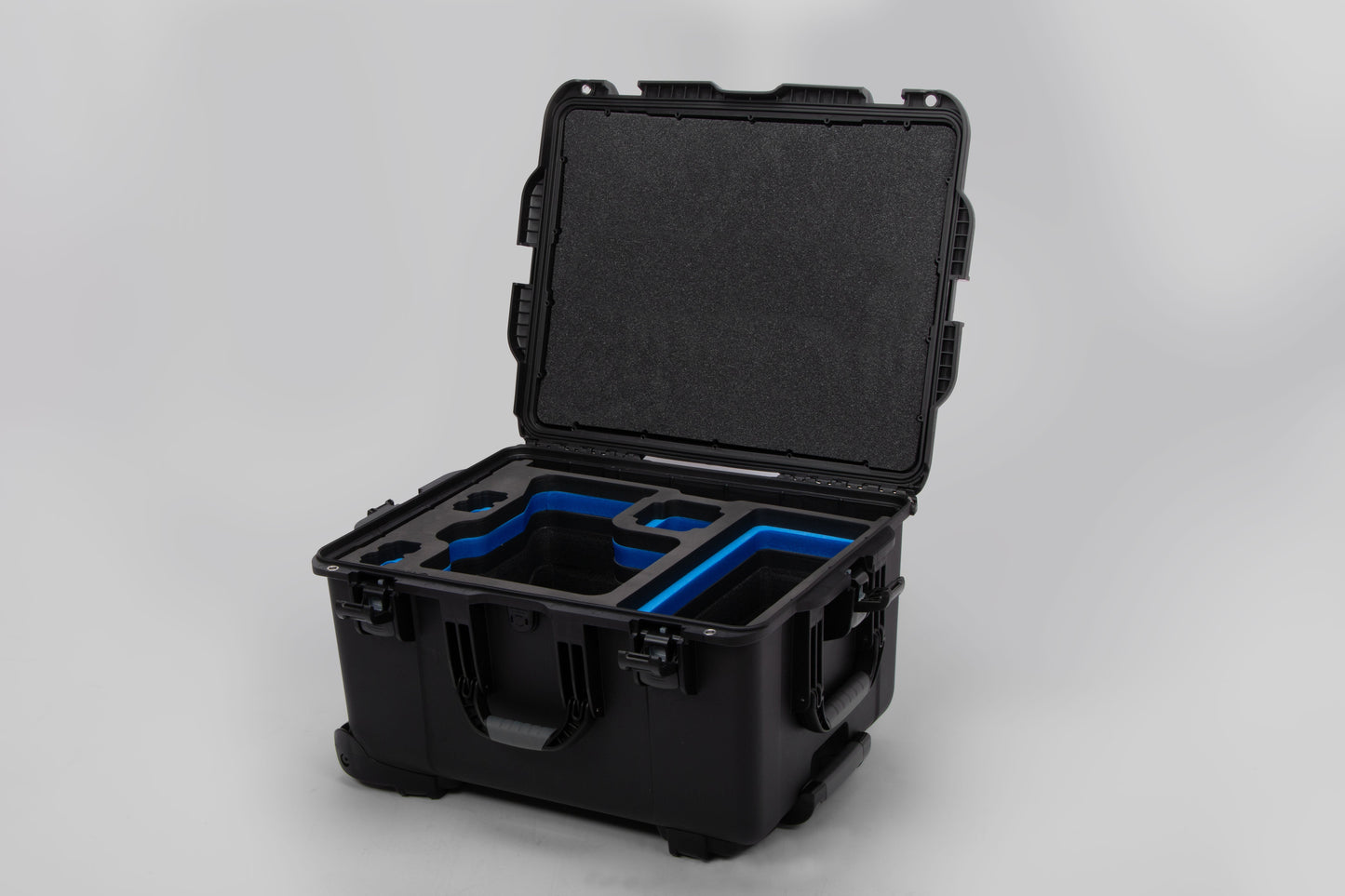 Angled view of ARRI Alexa 35 Black Color Studio Case with Custom Foam Blue Layered Insert