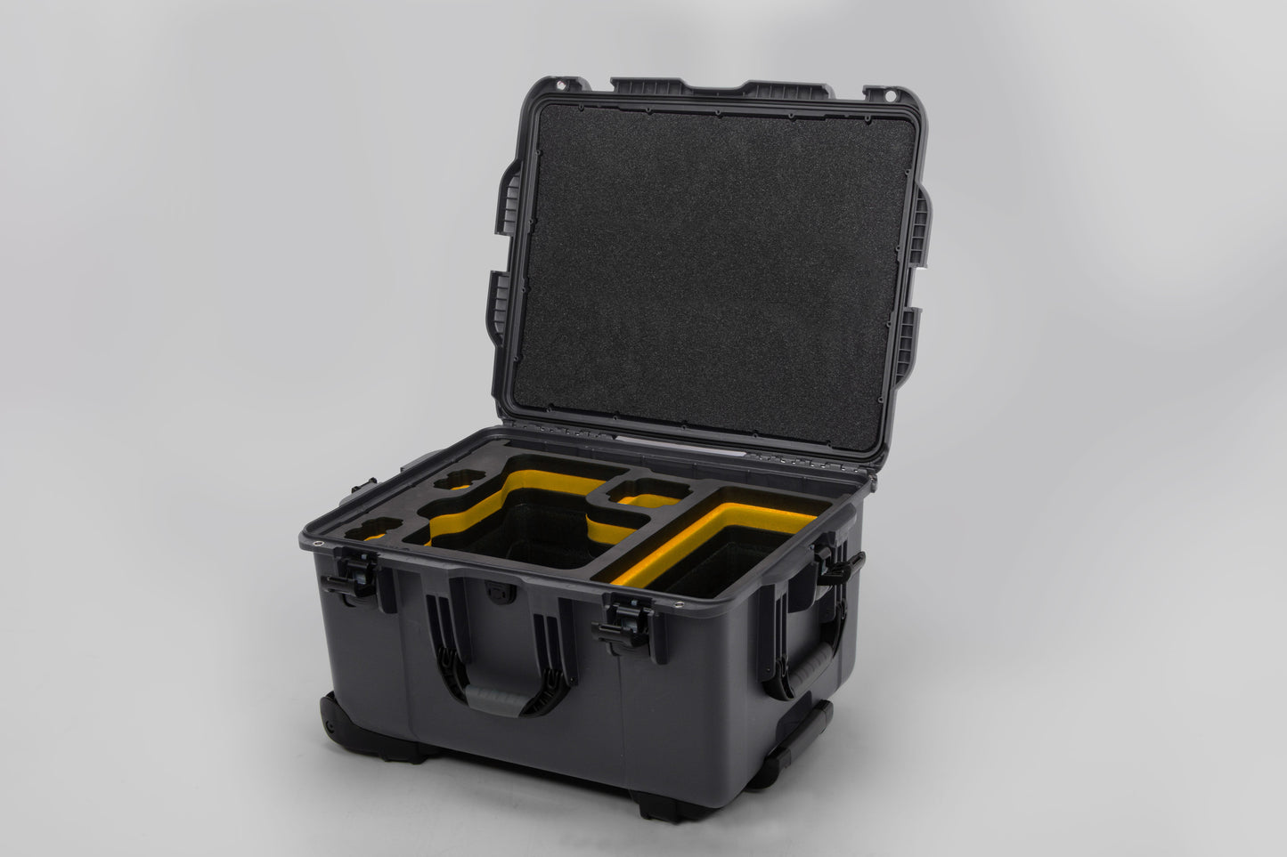 Angled view of ARRI Alexa 35 Graphite Color Studio Case with Yellow Layer Custom Foam Insert