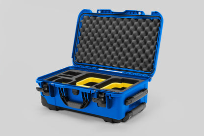 Angle view of Blue Color Canon C400 Camera Carry-on Case and Yellow Layer Custom Foam Insert