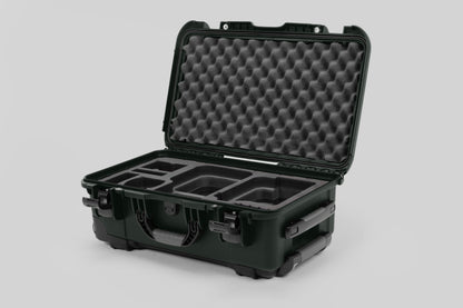 Angle view of Olive Color Canon C400 Camera Carry-on Case and Black Layer Custom Foam Insert