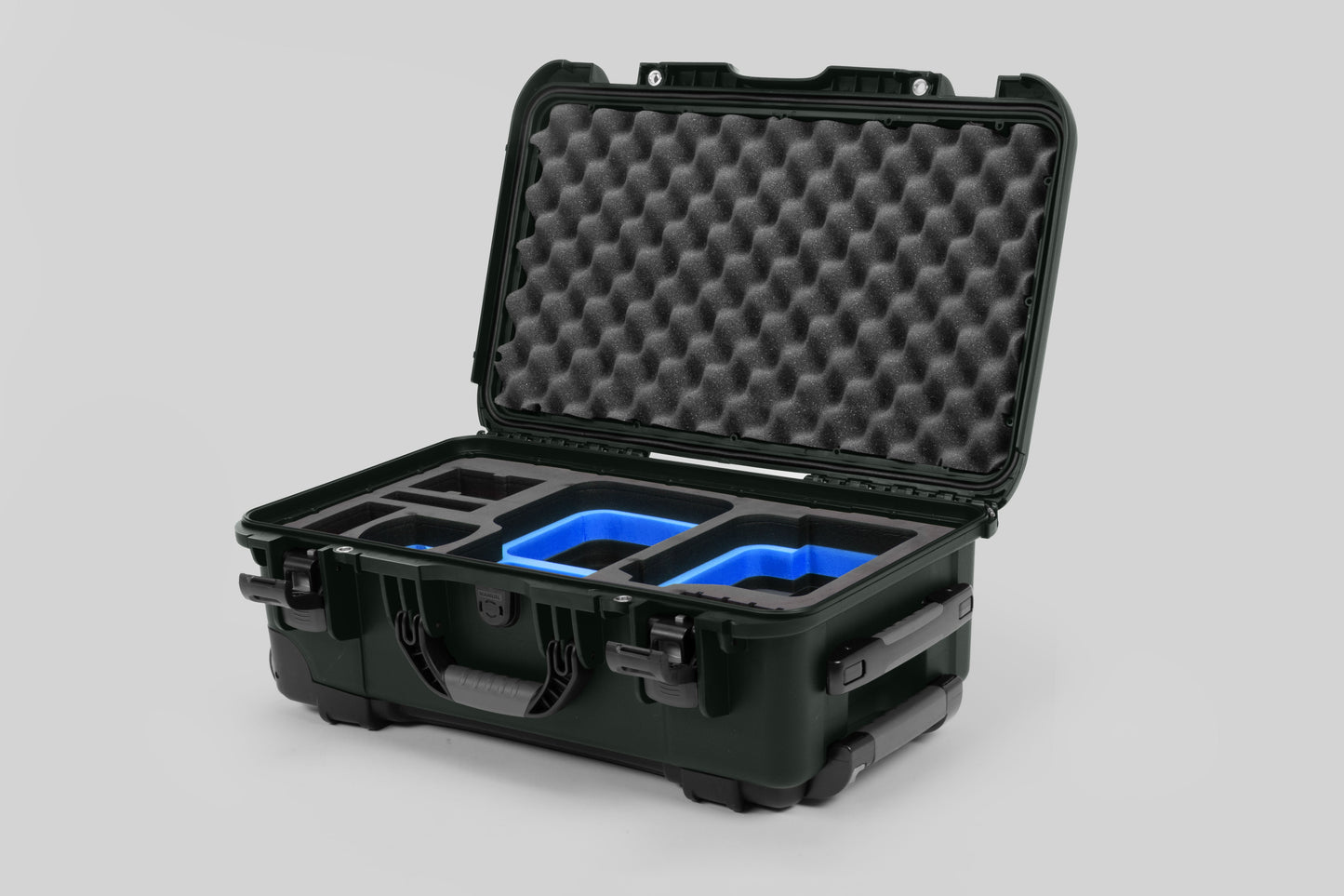 Angle view of Olive Color Canon C400 Camera Carry-on Case and Blue Layer Custom Foam Insert