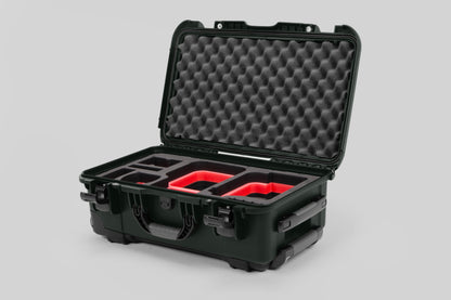 Angle view of Olive Color Canon C400 Camera Carry-on Case and Red Layer Custom Foam Insert