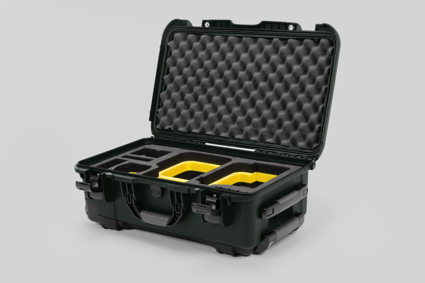 Angle view of Olive Color Canon C400 Camera Carry-on Case and Yellow Layer Custom Foam Insert