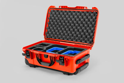 Angle view of Orange Color Canon C400 Camera Carry-on Case and Blue Layer Custom Foam Insert