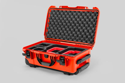 Angle view of Orange Color Canon C400 Camera Carry-on Case and Red Layer Custom Foam Insert