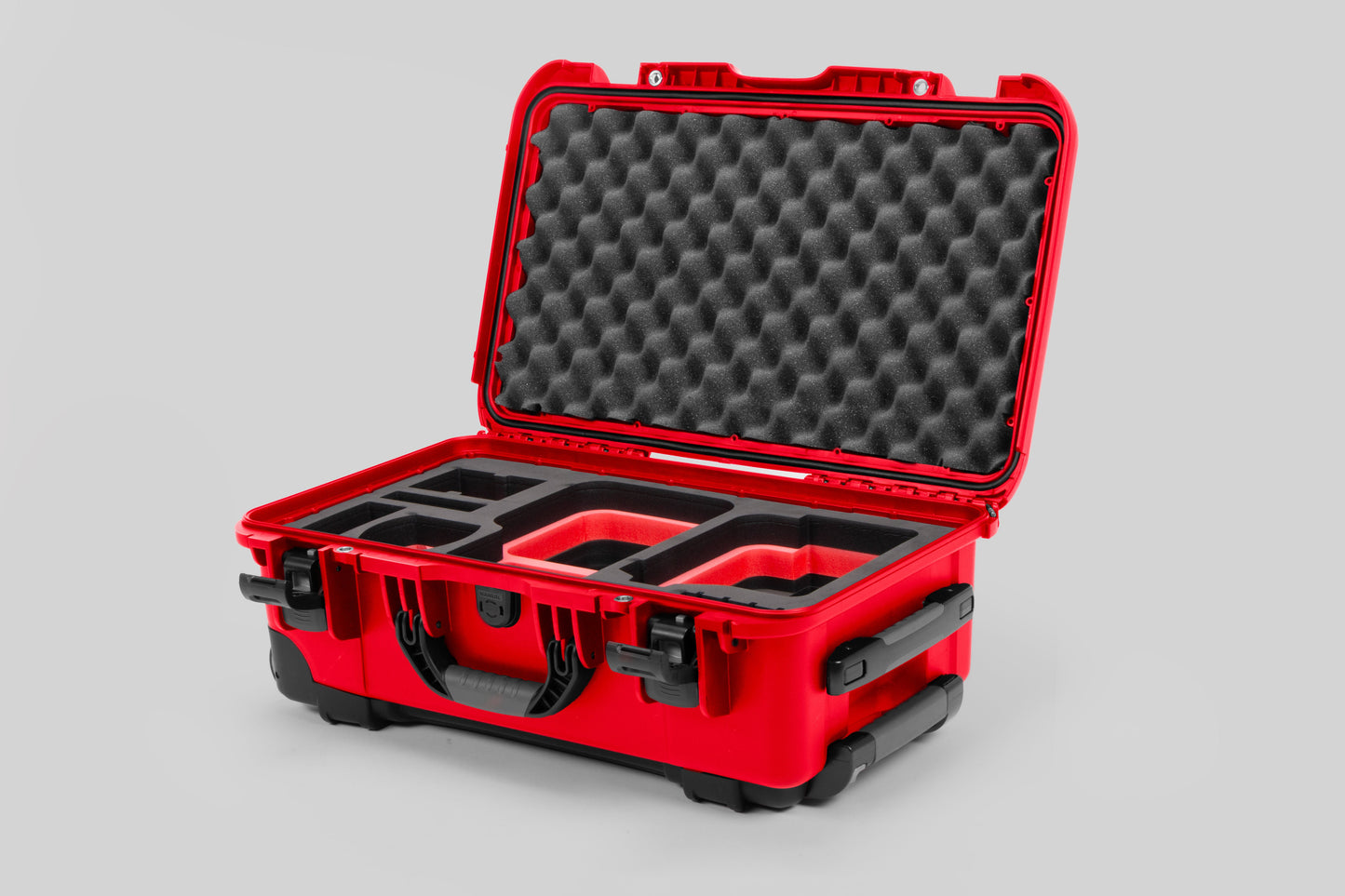 Angle view of Red Color Canon C400 Camera Carry-on Case and Red Layer Custom Foam Insert