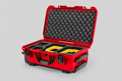 Angle view of Red Color Canon C400 Camera Carry-on Case and Yellow Layer Custom Foam Insert