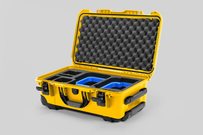 Angle view of Yellow Color Canon C400 Camera Carry-on Case and Blue Layer Custom Foam Insert