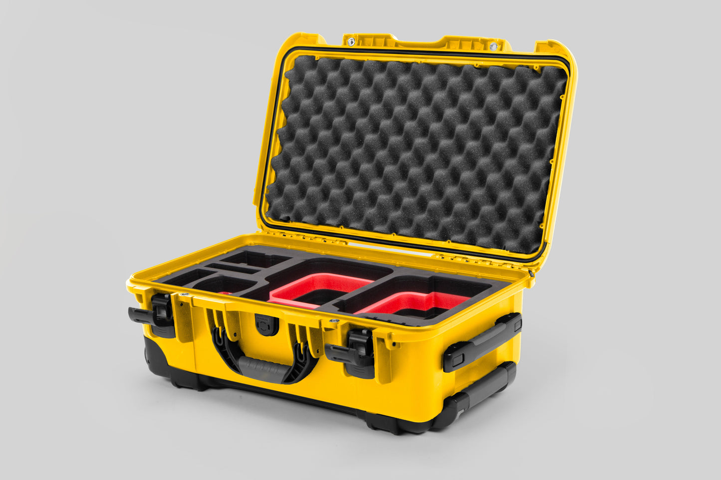 Angle view of Yellow Color Canon C400 Camera Carry-on Case and Red Layer Custom Foam Insert