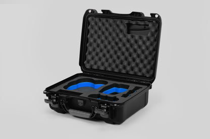 Angled view of DJI Avata 2 Fly More Combo Black Color Waterproof Hard Case and Custom Foam Insert with a Blue Layer