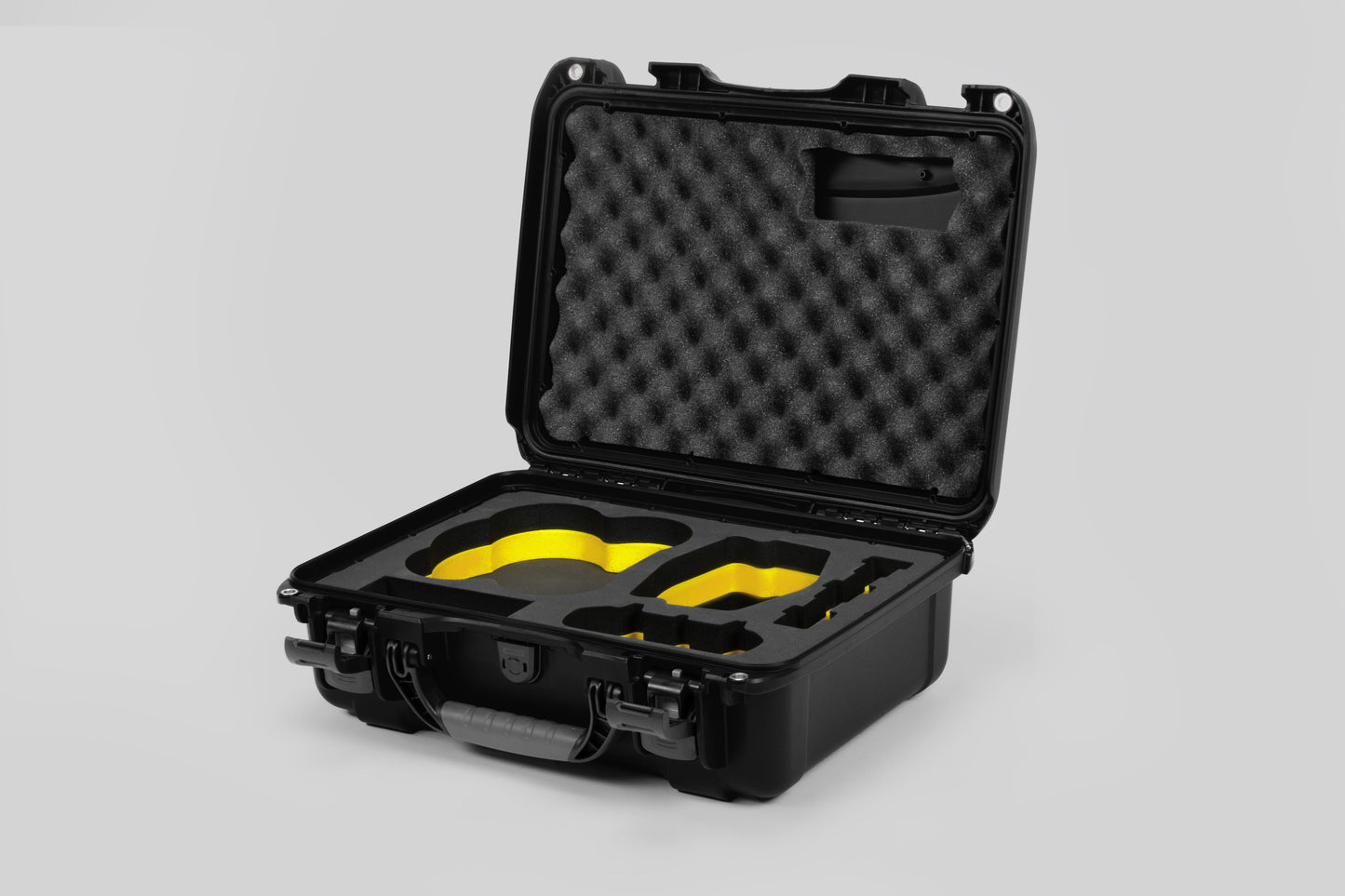 Angled view of DJI Avata 2 Fly More Combo Black Color Waterproof Hard Case and Custom Foam Insert with a Yellow Layer