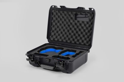 Angled view of DJI Avata 2 Fly More Combo Graphite Color Waterproof Hard Case and Custom Foam Insert with a Blue Layer