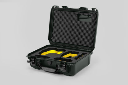 Angled view of DJI Avata 2 Fly More Combo Olive Color Waterproof Hard Case and Custom Foam Insert with a Yellow Layer