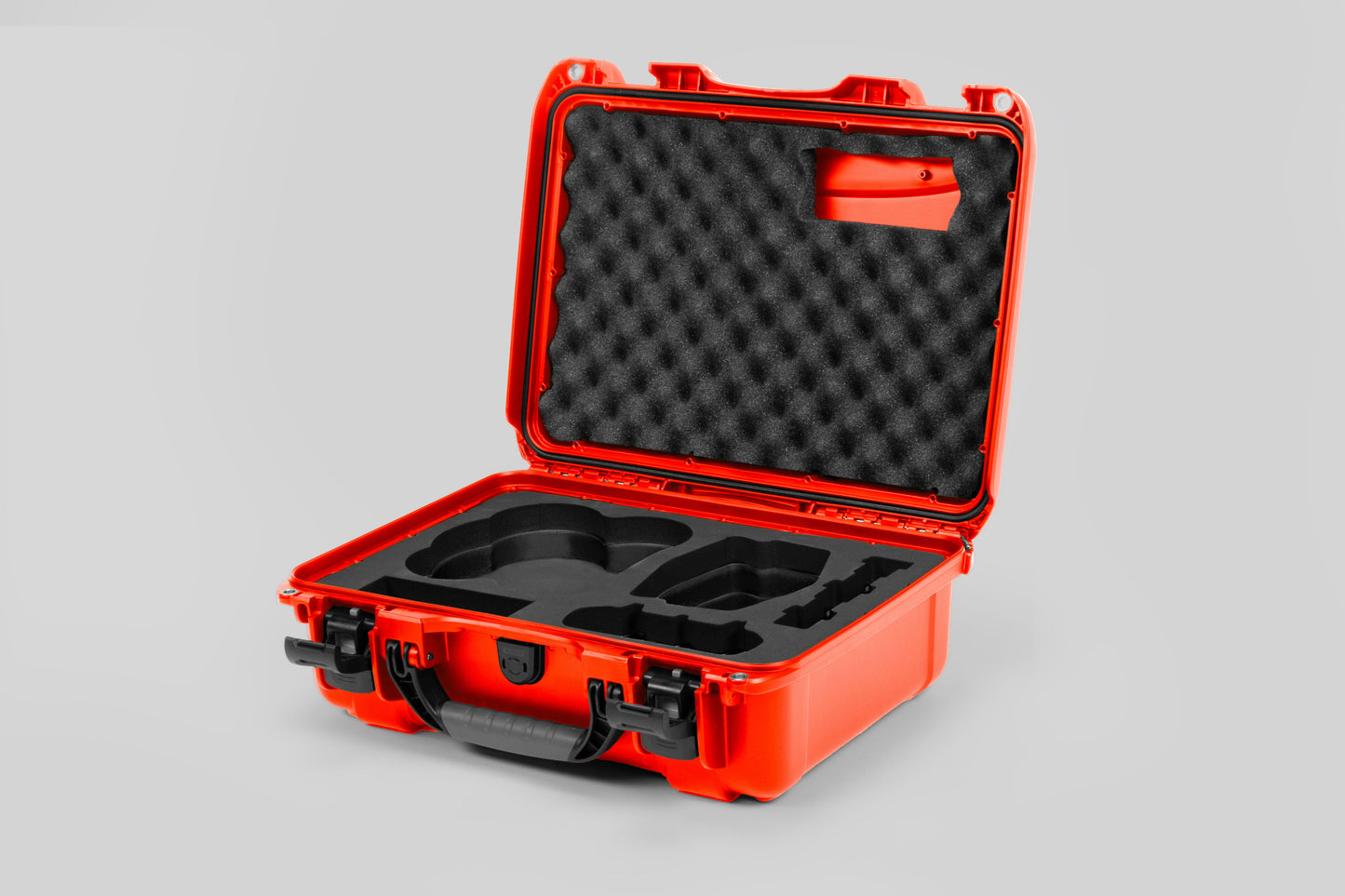 Angled view of DJI Avata 2 Fly More Combo Orange Color Waterproof Hard Case and Custom Foam Insert