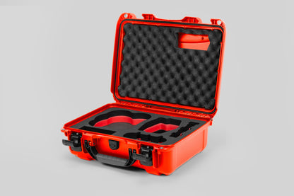 Angled view of DJI Avata 2 Fly More Combo Orange Color Waterproof Hard Case and Custom Foam Insert with a Red Layer