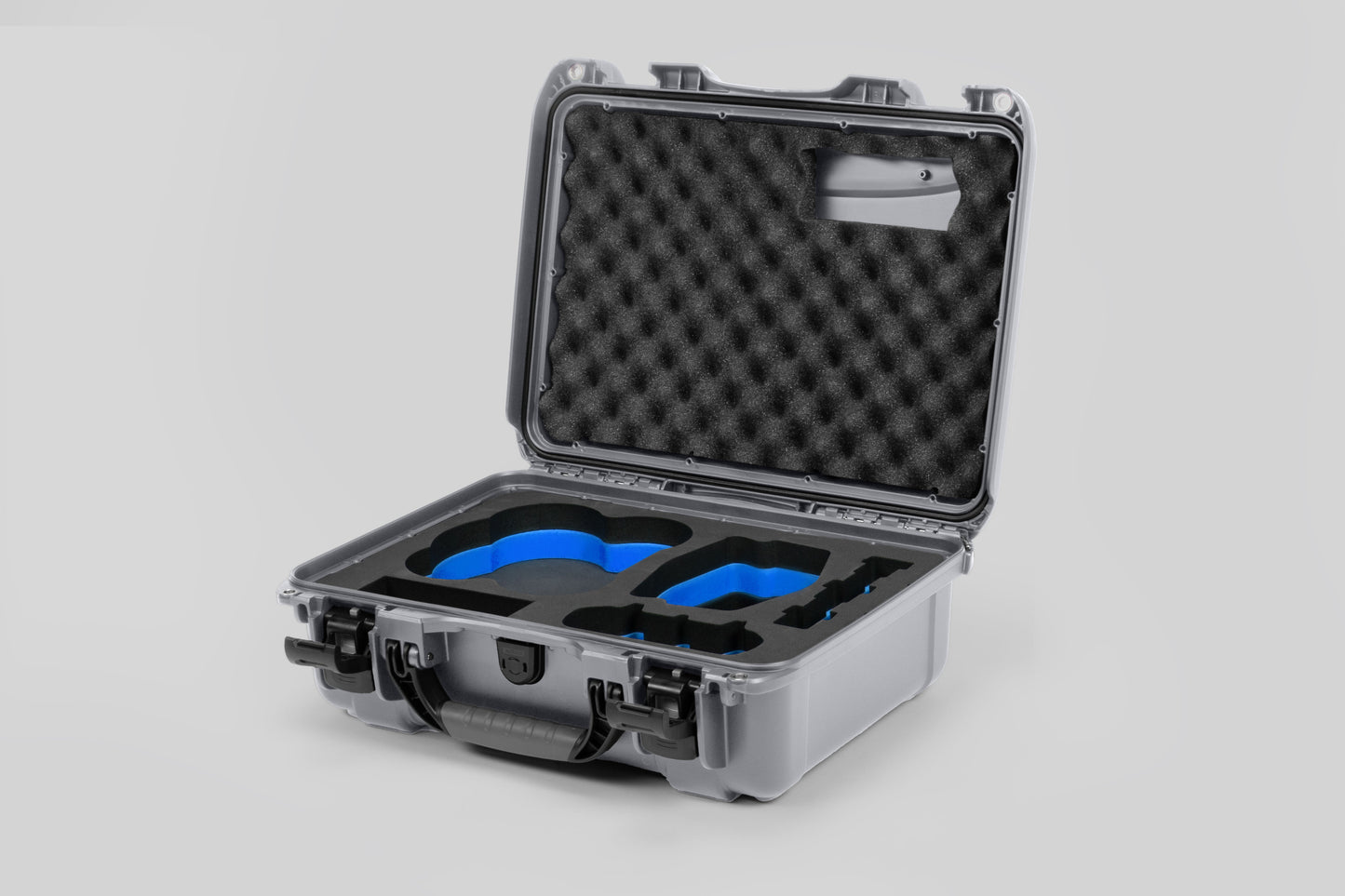 Angled view of DJI Avata 2 Fly More Combo Silver Color Waterproof Hard Case and Custom Foam Insert with a Blue Layer