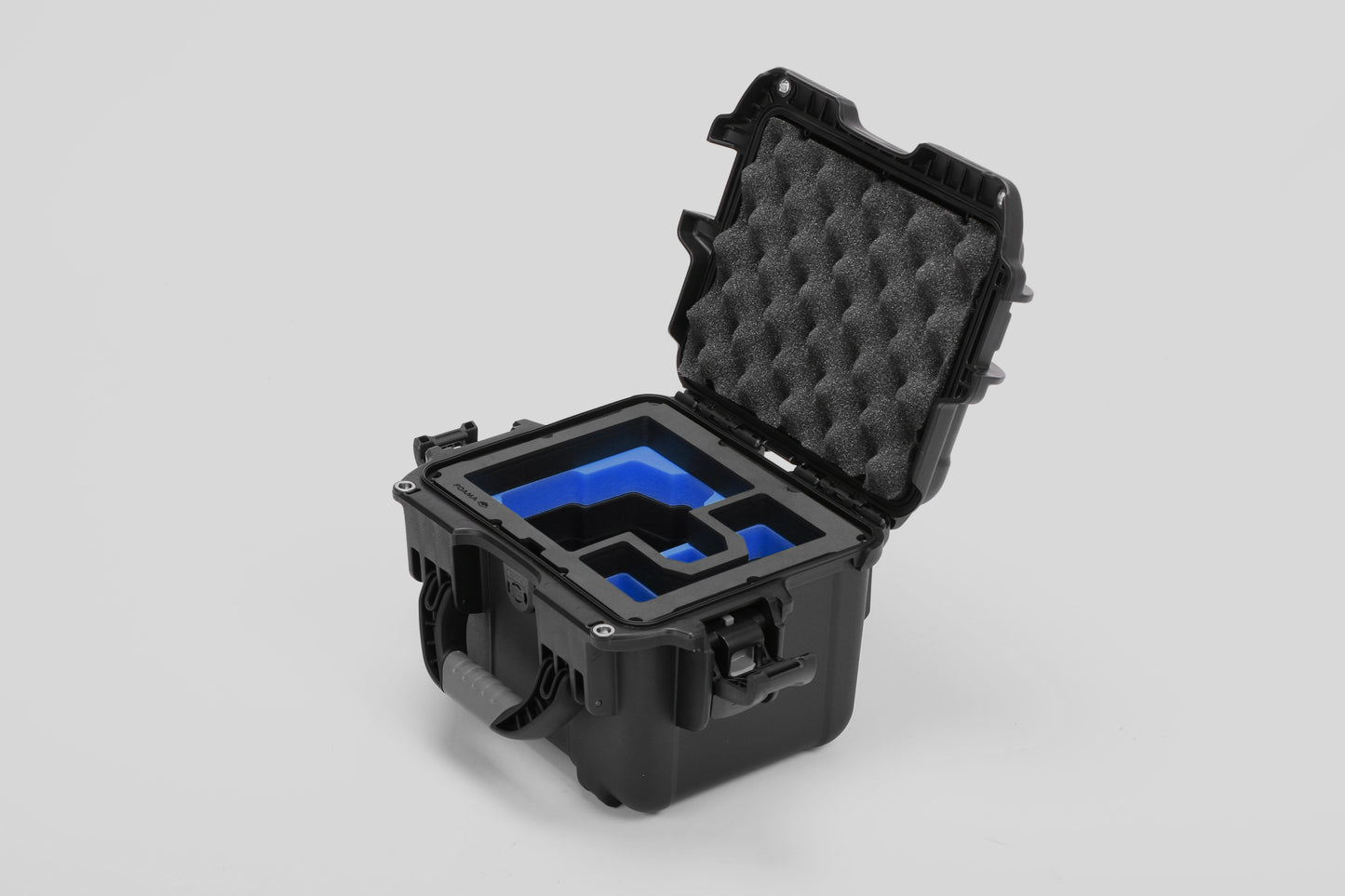 Angled view of DJI Zenmuse H30T Black Color Storage and Carrying Case and Custom Foam Insert with a Blue Layer