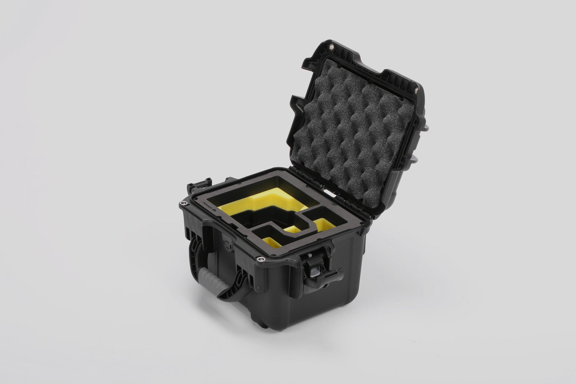 Angled view of DJI Zenmuse H30T Black Color Storage and Carrying Case and Custom Foam Insert with a Yellow Layer