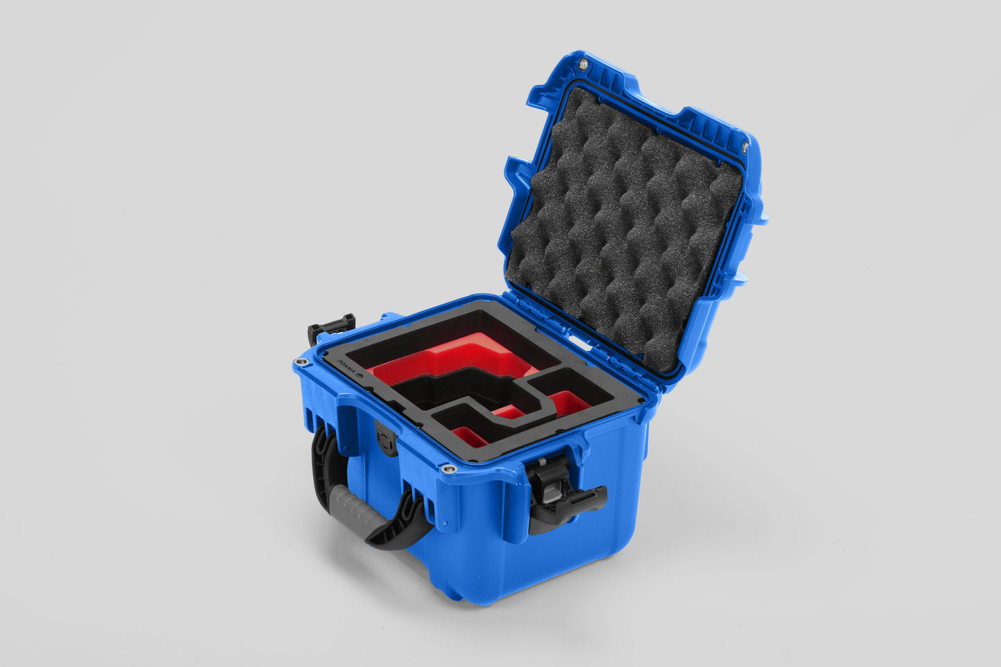 Angled view of DJI Zenmuse H30T Blue Color Storage and Carrying Case and Custom Foam Insert with a Red Layer