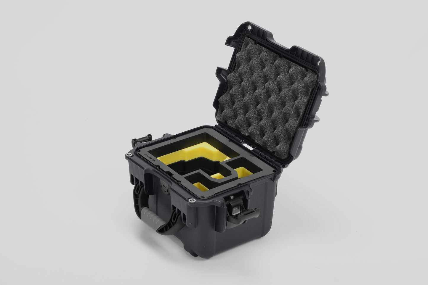 Angled view of DJI Zenmuse H30T Graphite Color Storage and Carrying Case and Custom Foam Insert with a Yellow Layer