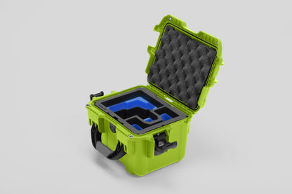 Angled view of DJI Zenmuse H30T Lime Color Storage and Carrying Case and Custom Foam Insert with a Blue Layer