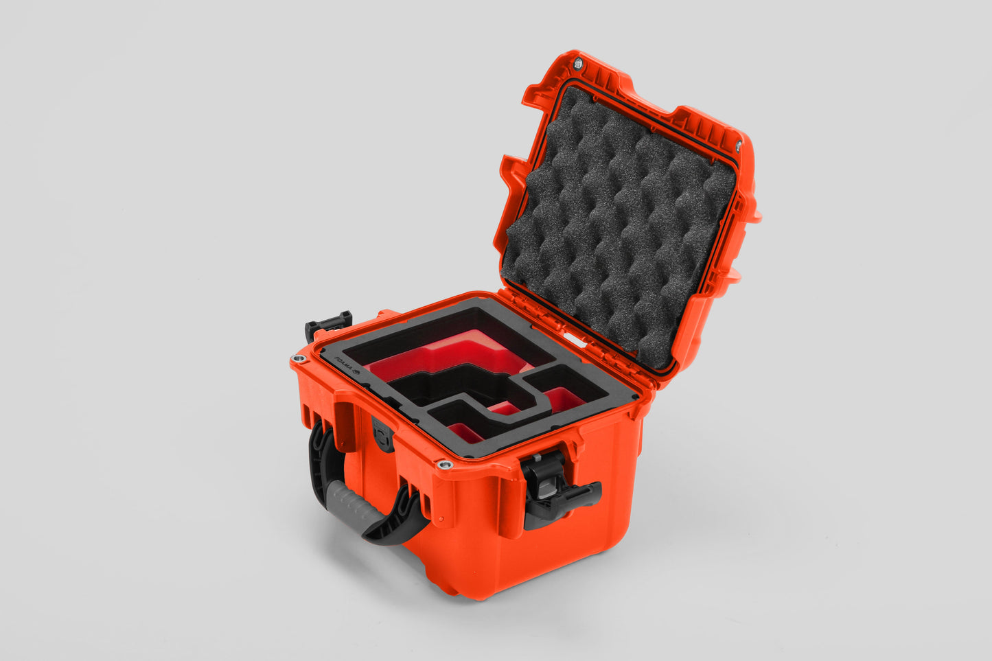 Angled view of DJI Zenmuse H30T Orange Color Storage and Carrying Case and Custom Foam Insert with a Red Layer